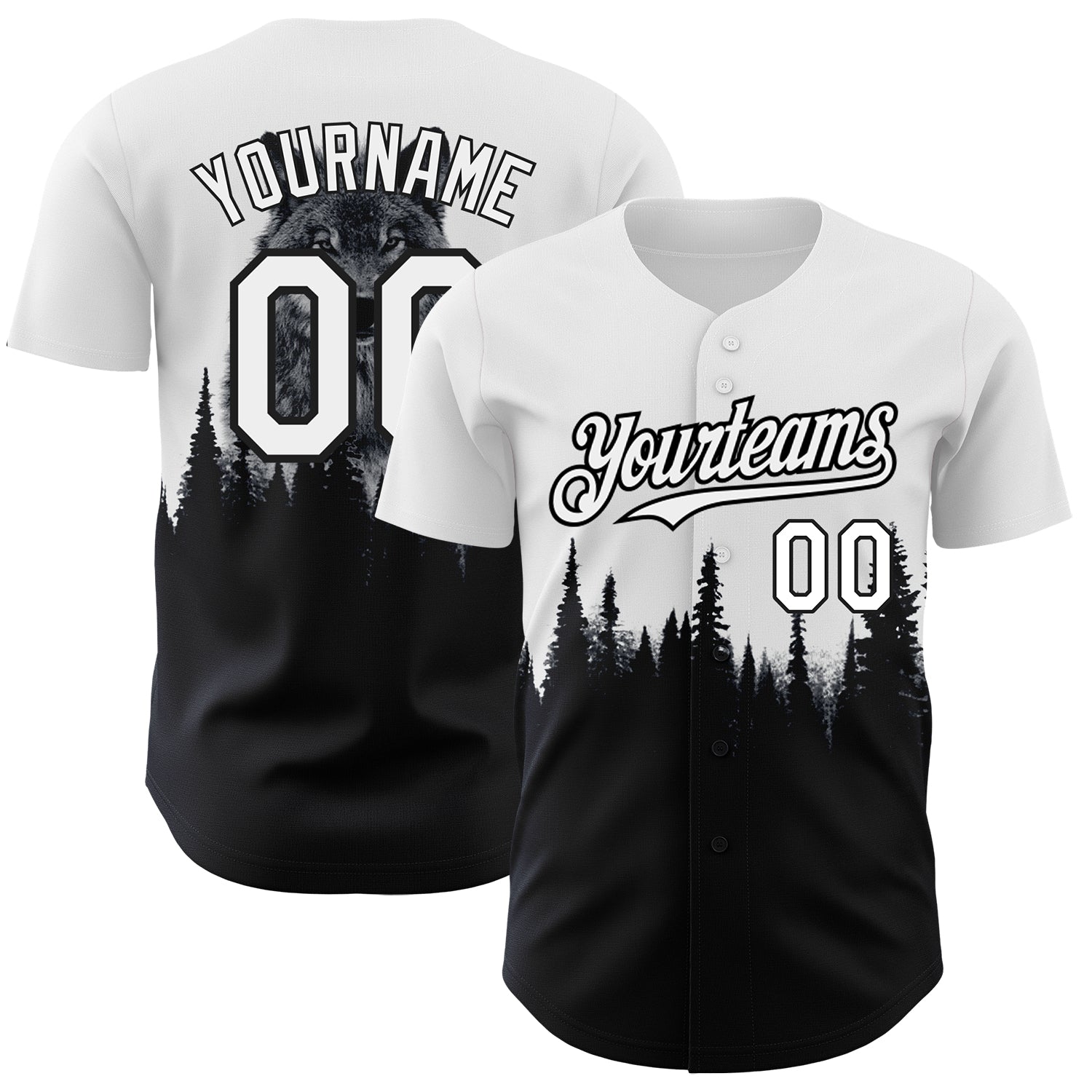 Custom Name and Number Personalized 3D Wolf Baseball Jersey - Black and White Animal Design Personalized White Black 3D Pattern