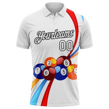 Custom Name and Number 3D Pattern Billiards Polo Shirt - Personalized Performance Apparel in White and Black Personalized