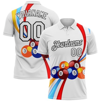 Custom Name and Number 3D Pattern Billiards Polo Shirt - Personalized Performance Apparel in White and Black Personalized