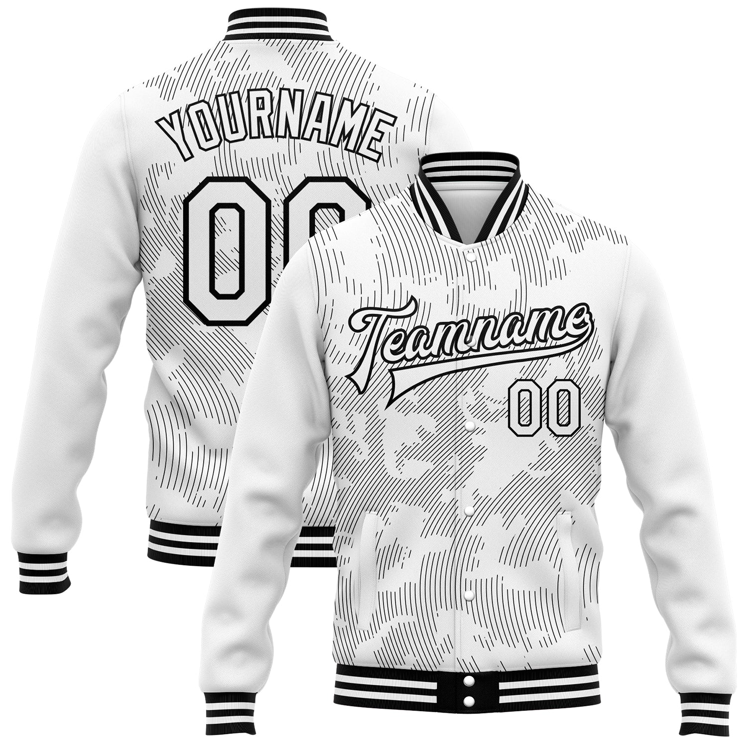 Custom Name and Number Varsity Letterman Jacket - Personalized 3D Pattern Design Bomber in White and Black Personalized White