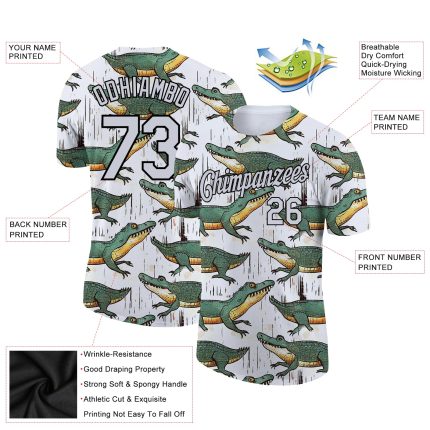Custom Name and Number Crocodile Performance T-Shirt with 3D Pattern Design - Personalized Team Apparel Personalized White