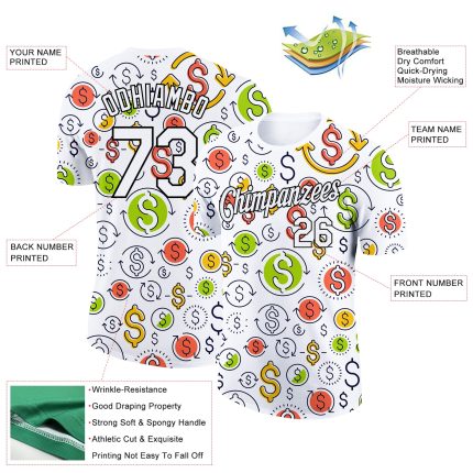 Custom Dollar Sign Money Theme T-Shirt with 3D Pattern, Personalized Name and Number for Team Performance Personalized White