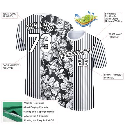 Custom Name and Number T-Shirt - Personalized 3D Pattern Flower Design in White and Black Performance Apparel Personalized