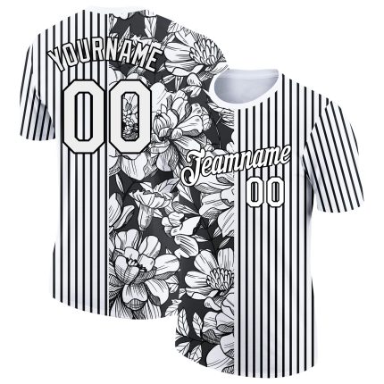 Custom Name and Number T-Shirt - Personalized 3D Pattern Flower Design in White and Black Performance Apparel Personalized