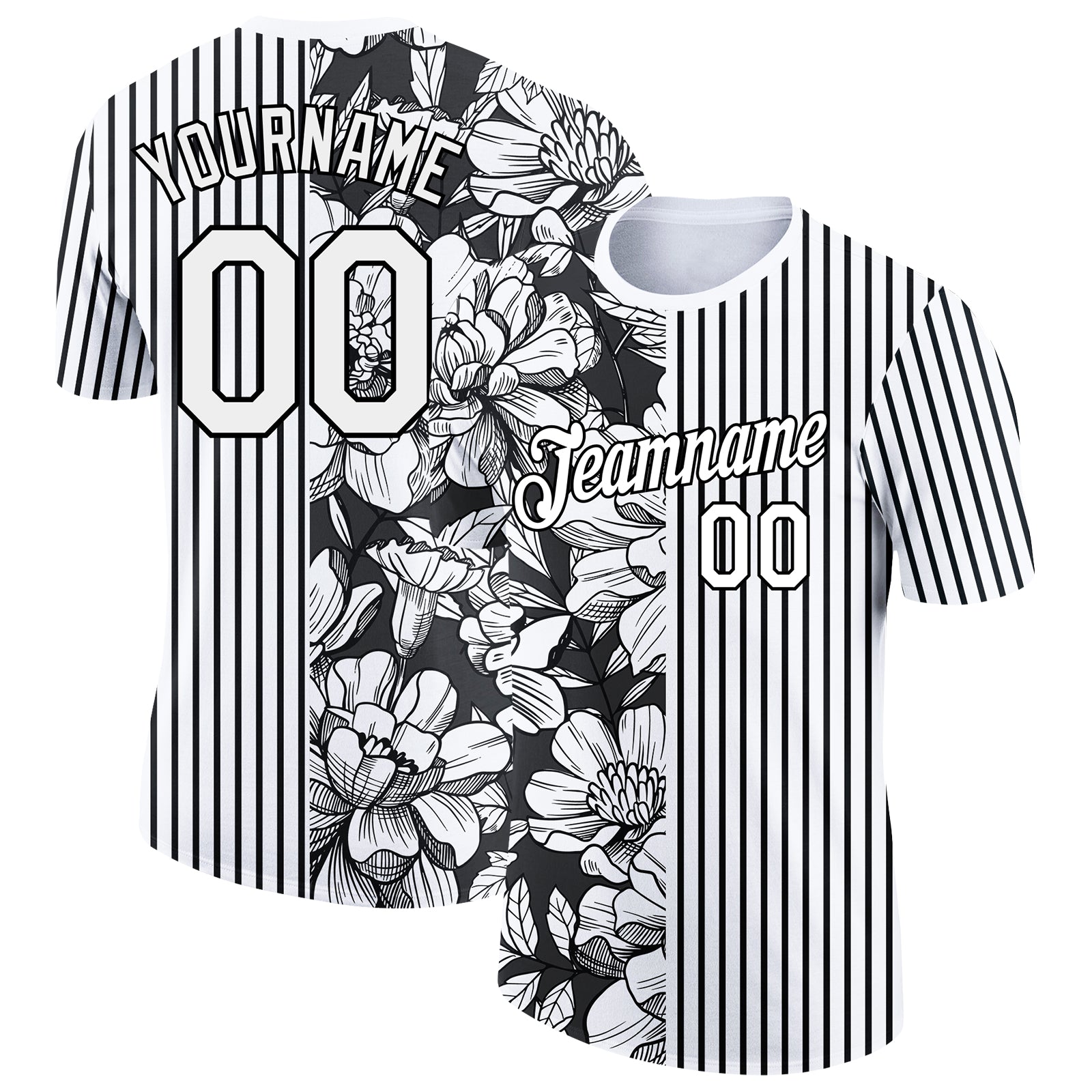 Custom Name and Number T-Shirt - Personalized 3D Pattern Flower Design in White and Black Performance Apparel Personalized