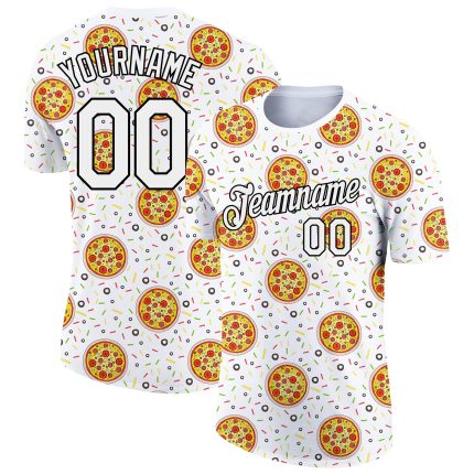 Customizable 3D Pattern Pizza T-Shirt with Team Name and Number - Personalized White and Black Performance Wear Personalized