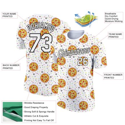 Customizable 3D Pattern Pizza T-Shirt with Team Name and Number - Personalized White and Black Performance Wear Personalized