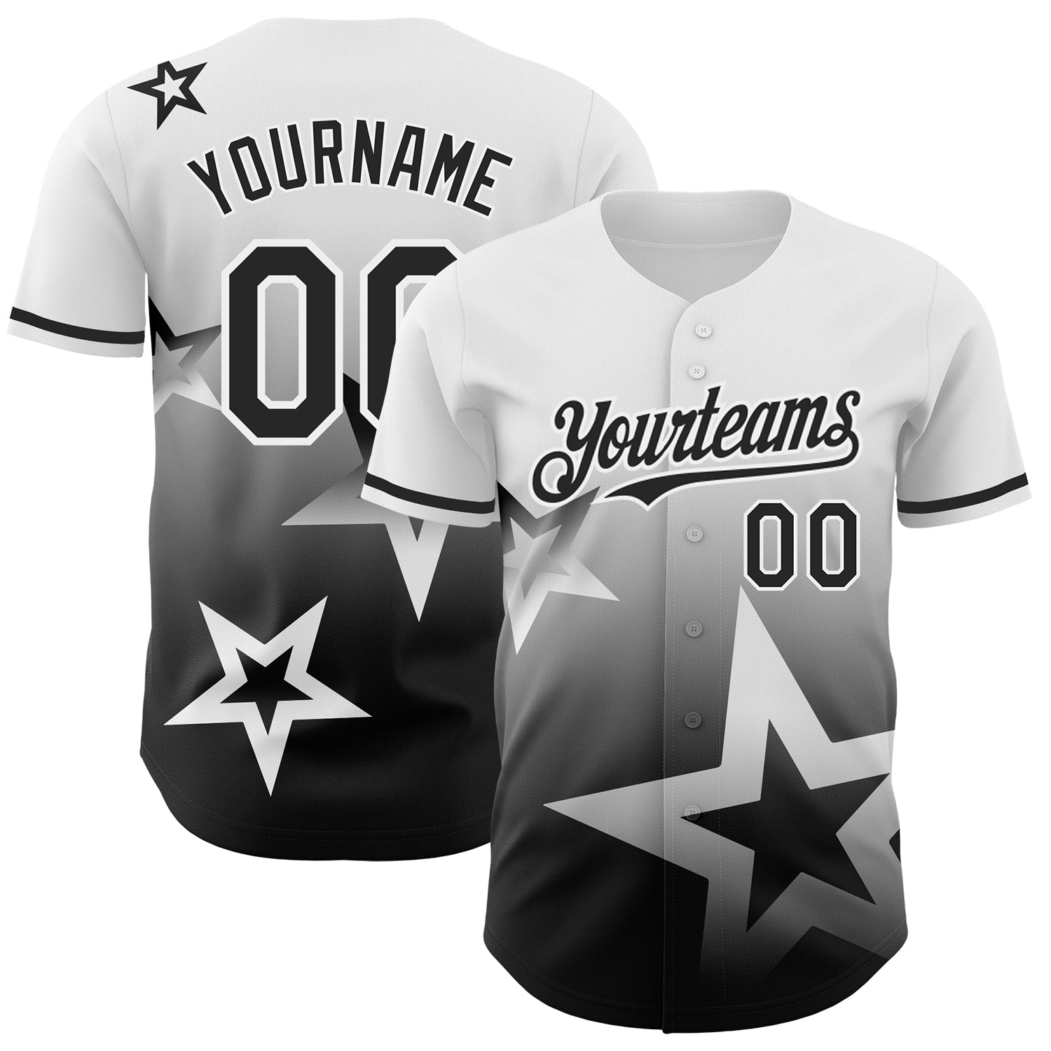 Custom Name and Number Twinkle Star Baseball Jersey - Personalized 3D Gradient Pattern Design in White and Black Personalized