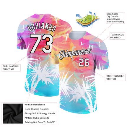 Custom Name and Number Hawaii Palm Leaves 3D Pattern Performance T-Shirt - Personalized Black and White Design Personalized