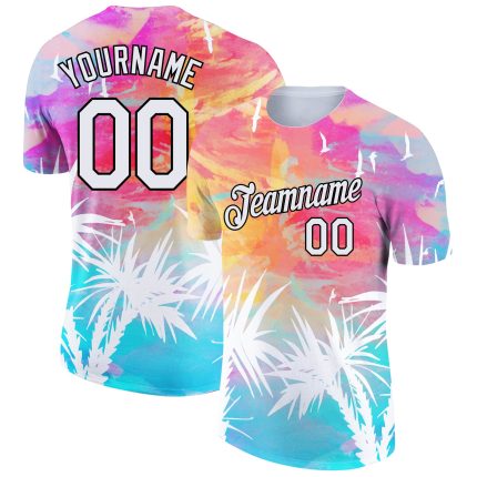 Custom Name and Number Hawaii Palm Leaves 3D Pattern Performance T-Shirt - Personalized Black and White Design Personalized