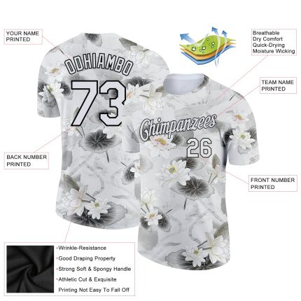 Custom Name and Number 3D Pattern Lotus Performance T-Shirt - Personalized White Black Team Apparel Personalized White Black
