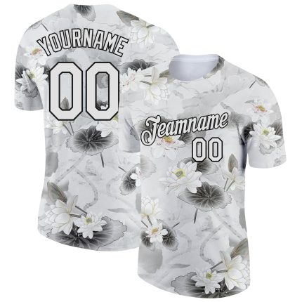 Custom Name and Number 3D Pattern Lotus Performance T-Shirt - Personalized White Black Team Apparel Personalized White Black