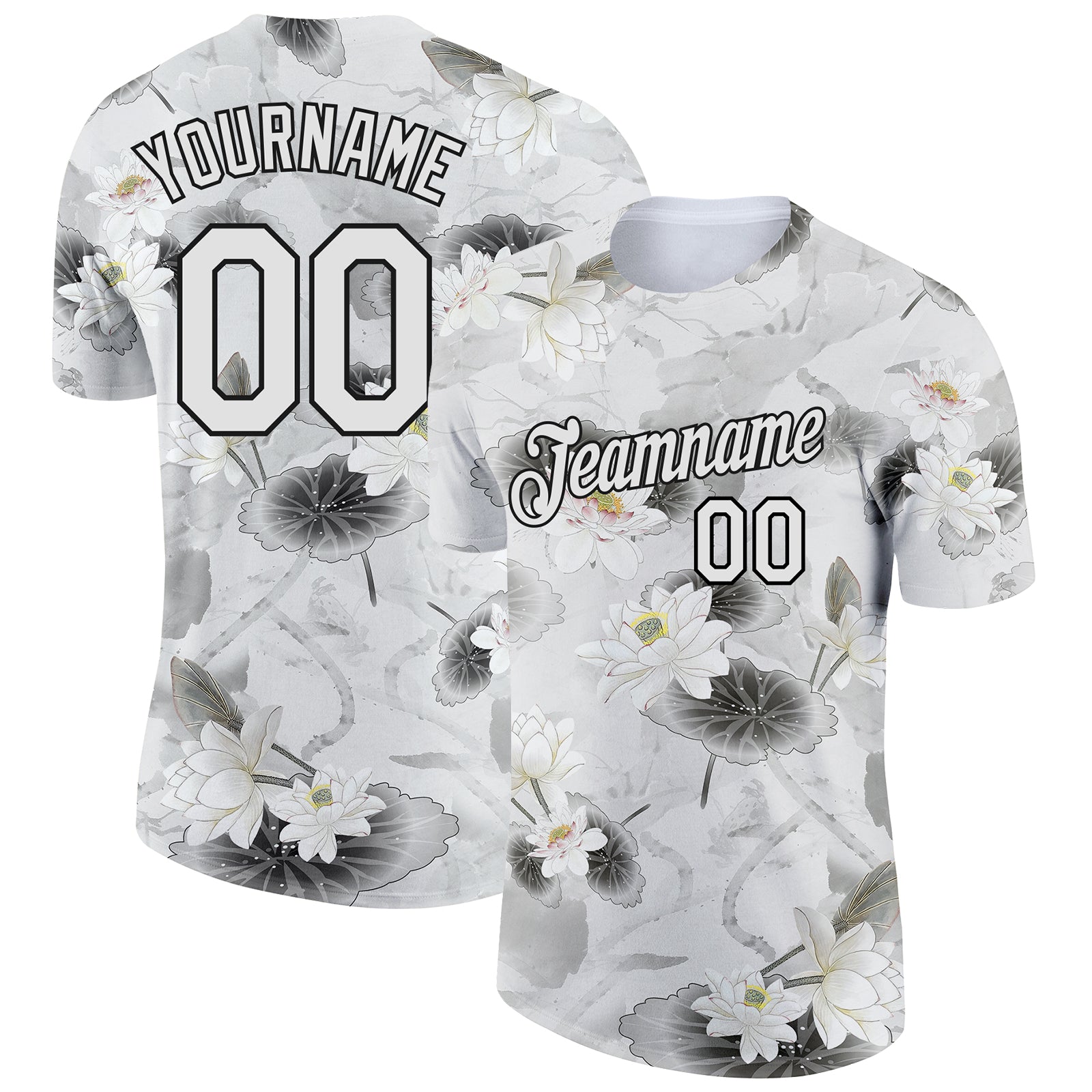 Custom Name and Number 3D Pattern Lotus Performance T-Shirt - Personalized White Black Team Apparel Personalized White Black