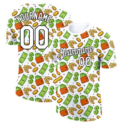 Custom Name Number Money Sign Performance T-Shirt with 3D Pattern Design in White Black, Team Apparel Personalized White