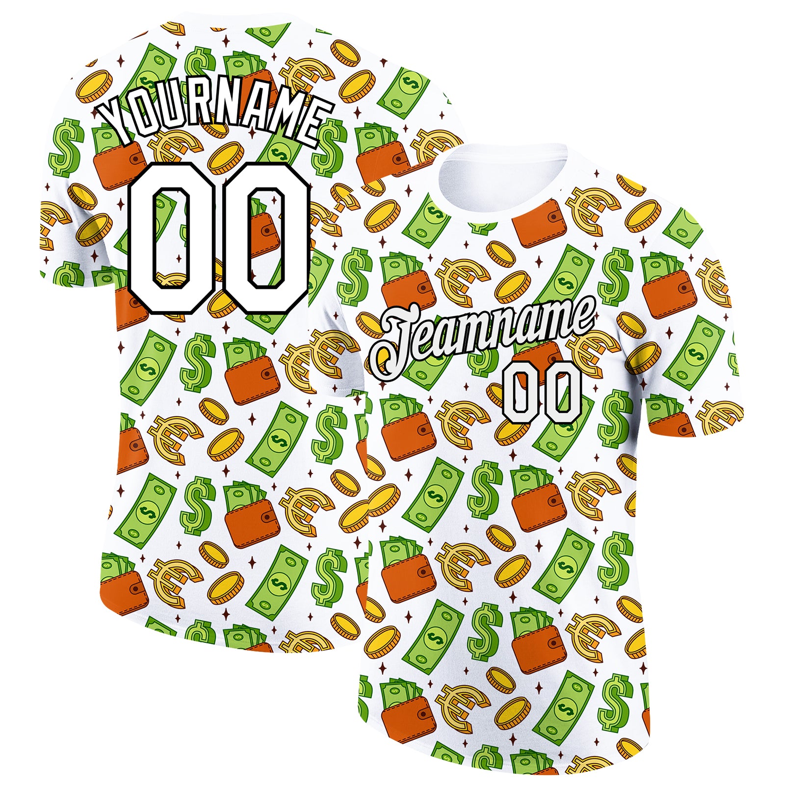 Custom Name Number Money Sign Performance T-Shirt with 3D Pattern Design in White Black, Team Apparel Personalized White