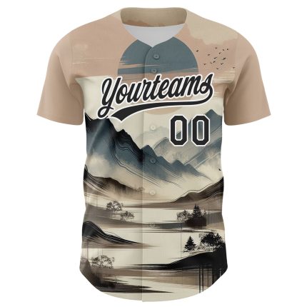 Custom Name and Number Baseball Jersey - Personalized 3D Mountain Landscape Design in White and Black Personalized White