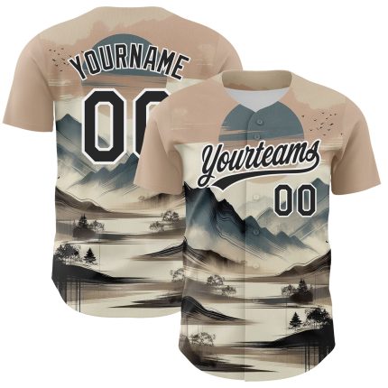 Custom Name and Number Baseball Jersey - Personalized 3D Mountain Landscape Design in White and Black Personalized White