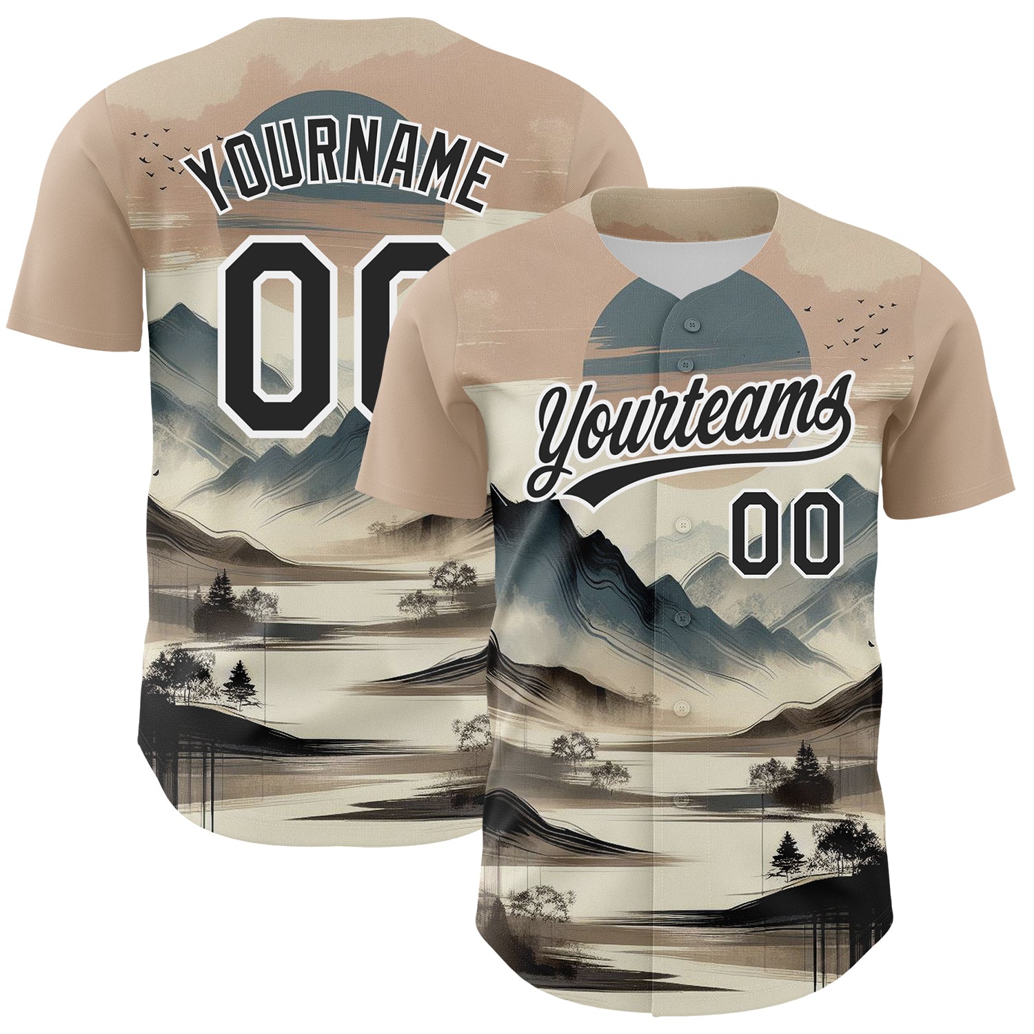 Custom Name and Number Baseball Jersey - Personalized 3D Mountain Landscape Design in White and Black Personalized White