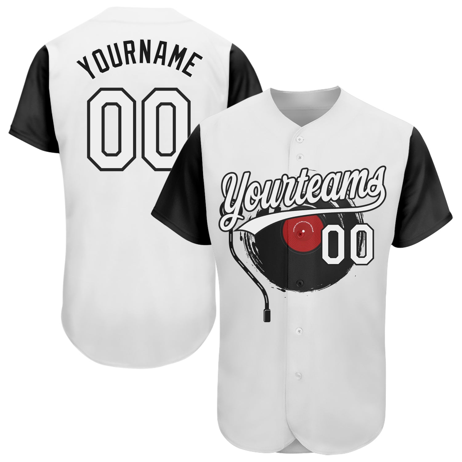 Custom Name and Number Vintage Vinyl Record Baseball Jersey, 3D Pattern Design for Music Festival - Personalized Black and White