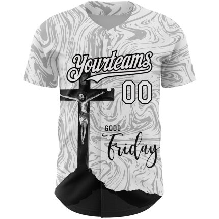 Custom Name and Number Jesus Christ Cross Baseball Jersey - Personalized 3D Pattern Good Friday Design, White and Black Personalized
