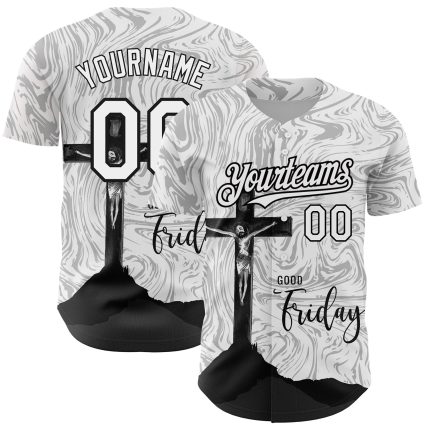 Custom Name and Number Jesus Christ Cross Baseball Jersey - Personalized 3D Pattern Good Friday Design, White and Black Personalized
