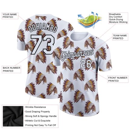 Custom Skull Feather Headdress Performance T-Shirt with Personalized Name & Number in 3D Black & White Pattern Personalized