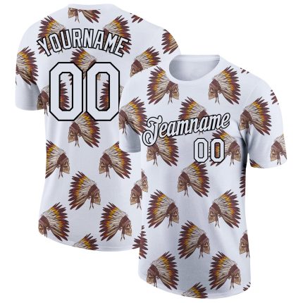 Custom Skull Feather Headdress Performance T-Shirt with Personalized Name & Number in 3D Black & White Pattern Personalized