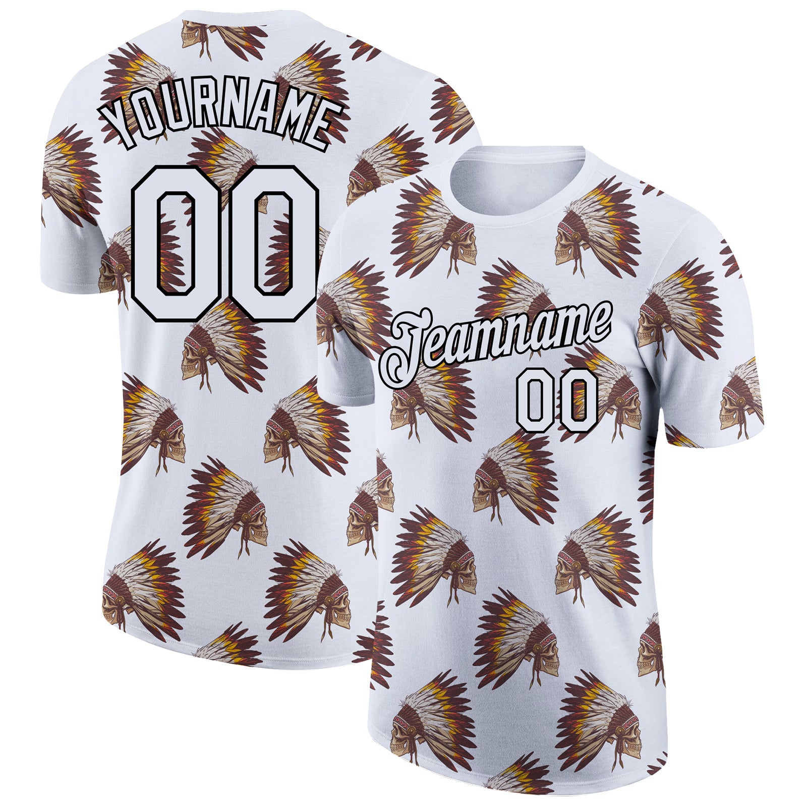 Custom Skull Feather Headdress Performance T-Shirt with Personalized Name & Number in 3D Black & White Pattern Personalized