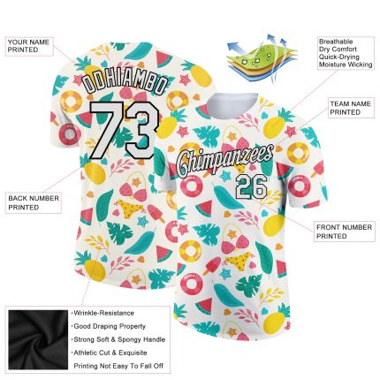 Custom Name and Number Summer Holiday T-Shirt - Personalized 3D Pattern Design with Flowers and Fruits in White and Black