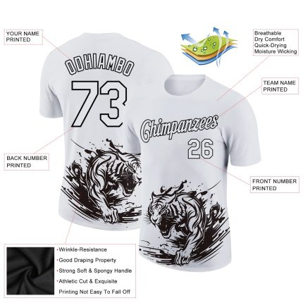 Custom Name and Number Tiger 3D Pattern Performance T-Shirt - Personalized White and Black Design Personalized White Black