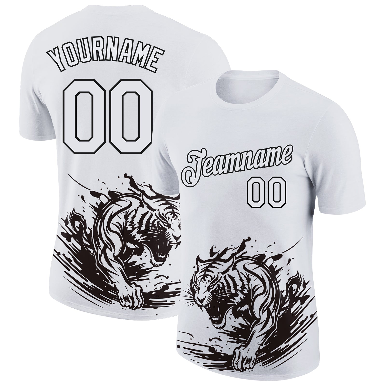 Custom Name and Number Tiger 3D Pattern Performance T-Shirt - Personalized White and Black Design Personalized White Black