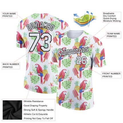 Custom Name and Number Tropical Hawaii Bird and Fruit Performance T-Shirt, Personalized White Black 3D Pattern Design Personalized