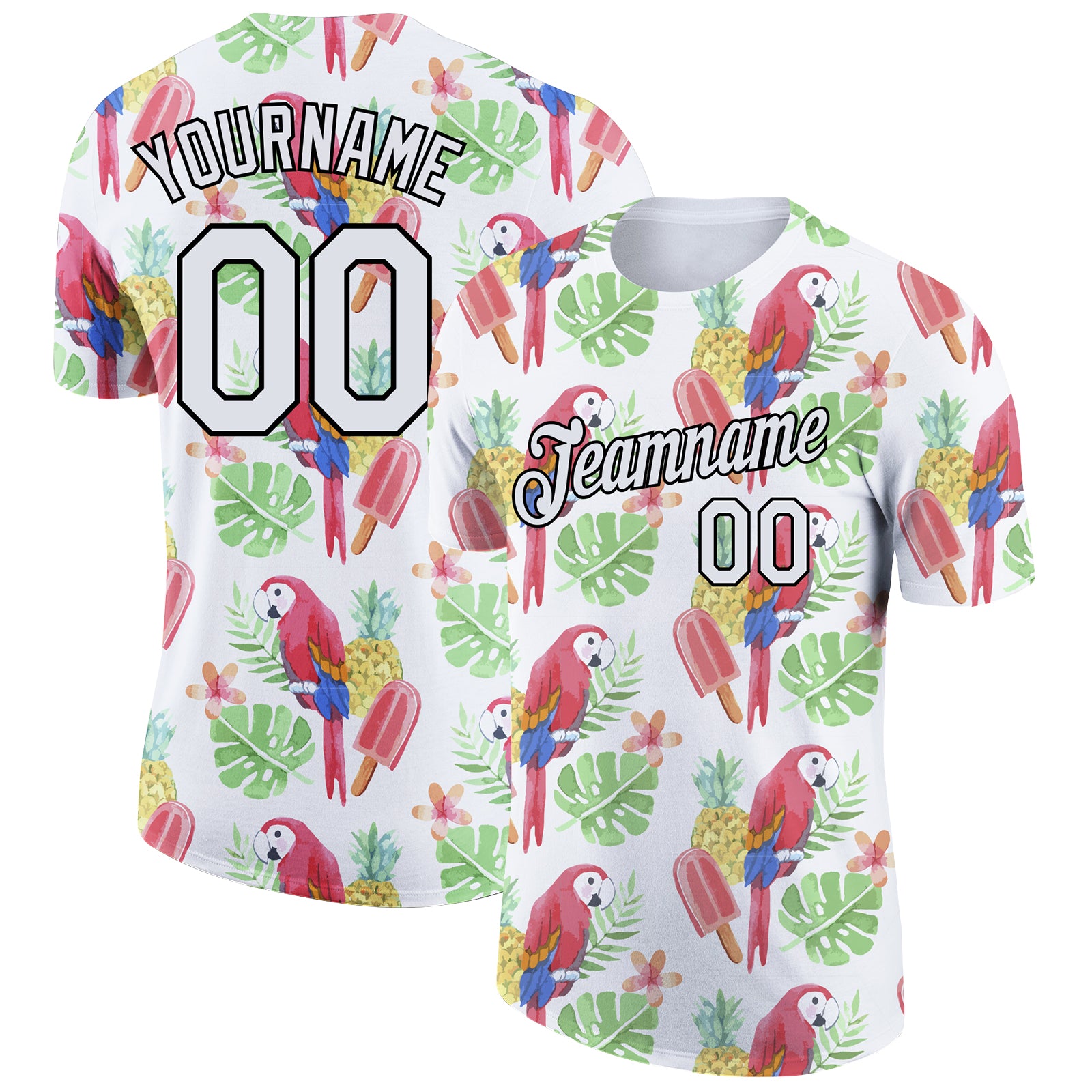 Custom Name and Number Tropical Hawaii Bird and Fruit Performance T-Shirt, Personalized White Black 3D Pattern Design Personalized