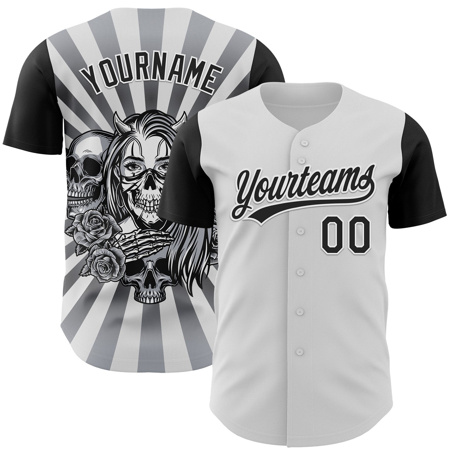 Custom Name & Number 3D Skull Halloween Baseball Jersey - Personalized Black & White Team Apparel Personalized White Black