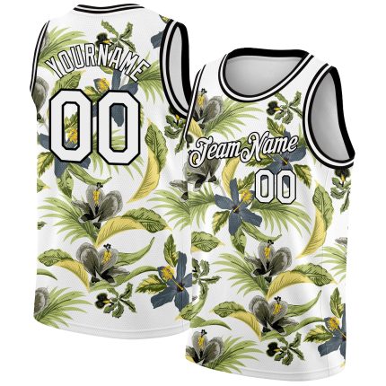 Custom Name and Number Tropical Hawaii Plant Flower Basketball Jersey - Personalized 3D Pattern White Black Design Personalized