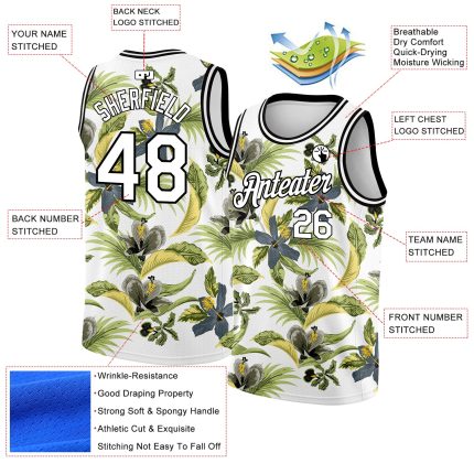 Custom Name and Number Tropical Hawaii Plant Flower Basketball Jersey - Personalized 3D Pattern White Black Design Personalized