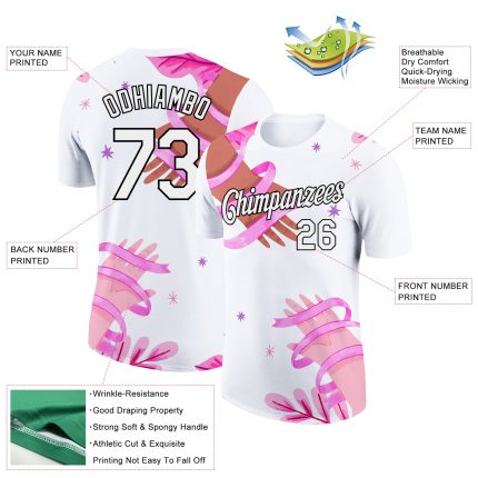 3D Pink Ribbon Breast Cancer Awareness Personalized Performance T-Shirt in White and Black Personalized White Black 3D Pink