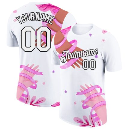 3D Pink Ribbon Breast Cancer Awareness Personalized Performance T-Shirt in White and Black Personalized White Black 3D Pink