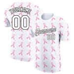 Custom Pink Ribbon Breast Cancer Performance T-Shirt - Personalized with Name & Number, White & Black, Team Spirit Gear Personalized