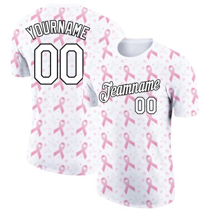 Custom Pink Ribbon Breast Cancer Performance T-Shirt - Personalized with Name & Number, White & Black, Team Spirit Gear Personalized