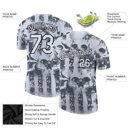 Custom American Flag 3D Skull Performance T-Shirt - Personalized Team Name and Number Personalized White Black 3D Skull And