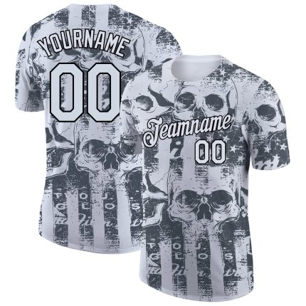 Custom American Flag 3D Skull Performance T-Shirt - Personalized Team Name and Number Personalized White Black 3D Skull And