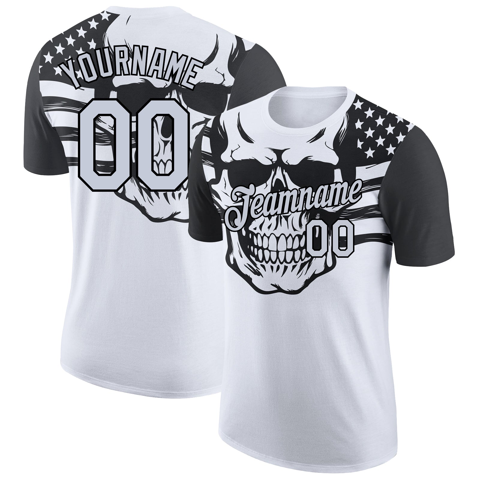 Personalized 3D Skull Performance T-Shirt with American Flag, White & Black Design Personalized White Black 3D Skull With