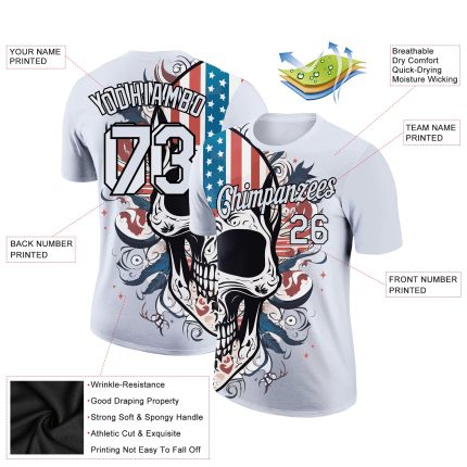 Custom 3D Skull American Flag Performance T-Shirt - Personalized Team Name & Number in White and Black Personalized White