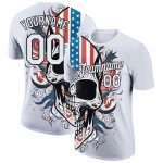 Custom 3D Skull American Flag Performance T-Shirt - Personalized Team Name & Number in White and Black Personalized White