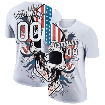 Custom 3D Skull American Flag Performance T-Shirt - Personalized Team Name & Number in White and Black Personalized White