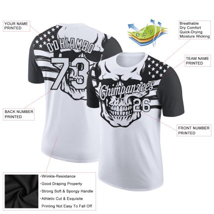 Personalized 3D Skull Performance T-Shirt with American Flag, White & Black Design Personalized White Black 3D Skull With