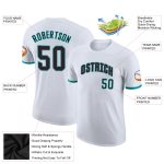 Custom Team Name and Number Performance T-Shirt in White Black-Aqua - Personalized Athletic Tee Personalized White Black-Aqua