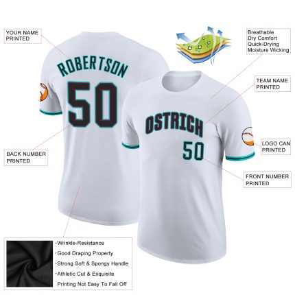 Custom Team Name and Number Performance T-Shirt in White Black-Aqua - Personalized Athletic Tee Personalized White Black-Aqua