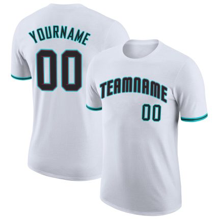 Custom Team Name and Number Performance T-Shirt in White Black-Aqua - Personalized Athletic Tee Personalized White Black-Aqua